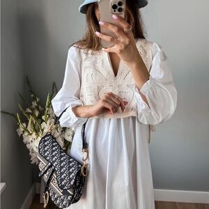 White Dress with Cream Crochet Vest Zara New Size XS